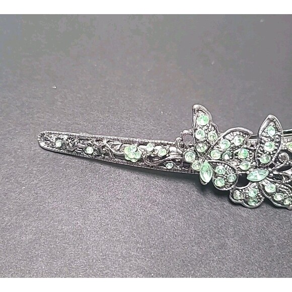 Vintage Hair Clip Clamp Ornate Rhinestone Embellishments Green Butterfly 5” - Picture 3 of 6